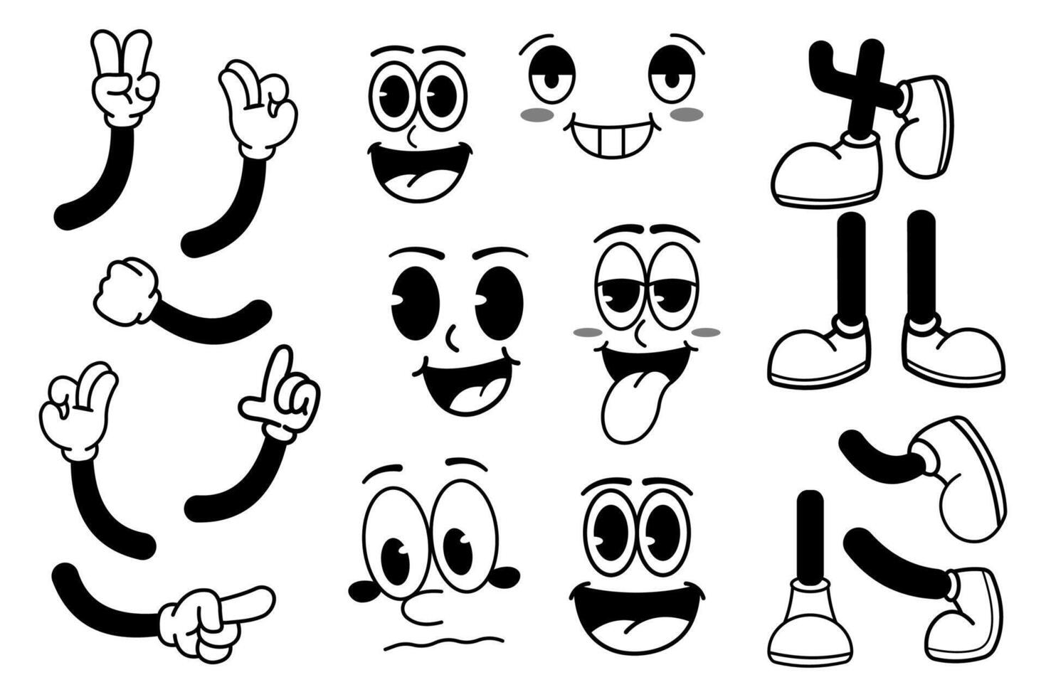 Set of retro cartoon facial expressions, legs, and hands in gloves. Hand drawn illustration vector