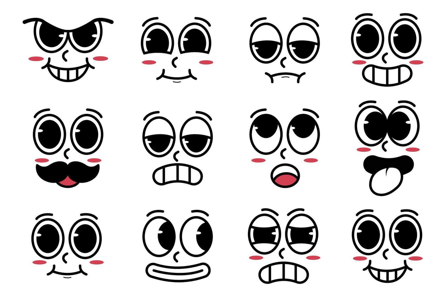 Set of kawaii cartoon faces with different emotions and expressions. design illustration in a flat retro style vector