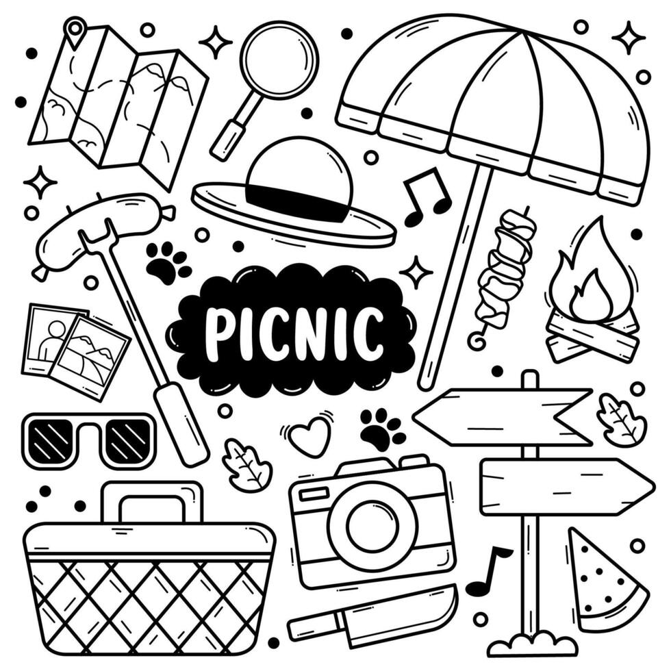 Hand drawn doodle set of picnic and camping elements. illustration vector