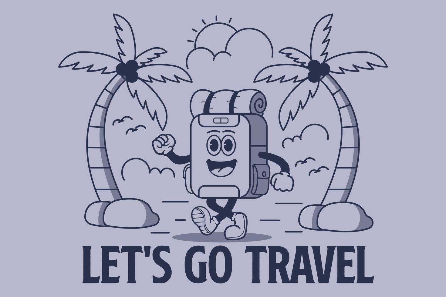 Let's go travel. Design a cartoon illustration of a backpack on the beach vector