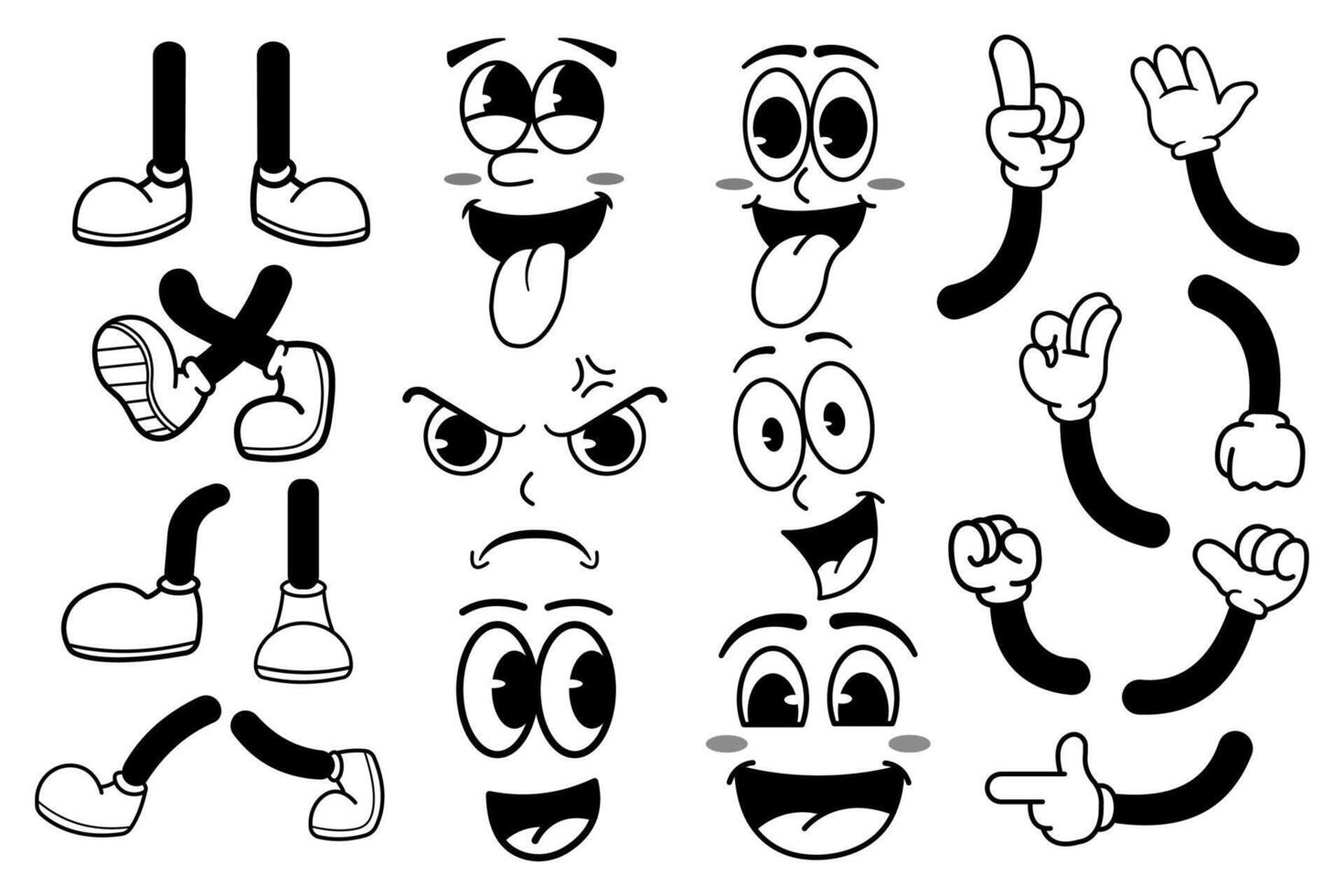 Set of Retro Cartoon hand drawn face expressions legs and hands in gloves. illustration vector