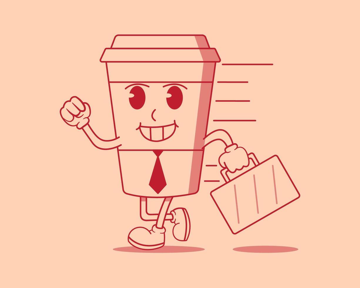 Walking retro cartoon cup of coffee going to work. Mascot design template vector