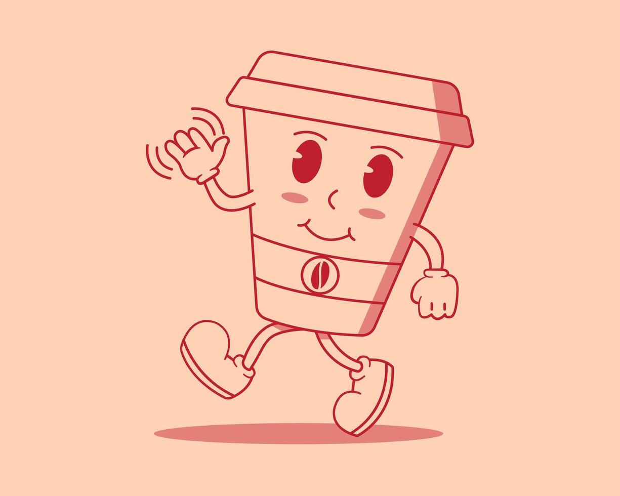 Retro cartoon illustration of a happy walking cup of coffee mascot design template vector