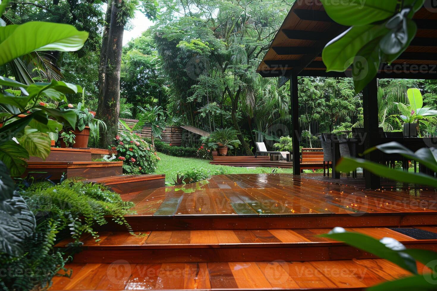 Serene Rain-Kissed Wooden Deck in a Lush Green Garden photo
