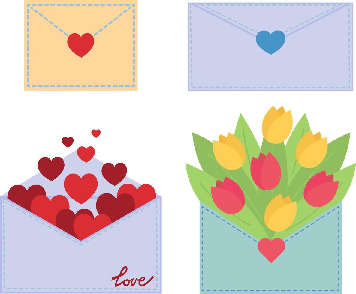 conjunto de postal sobres con corazones y flores imagen en plano diseño vector