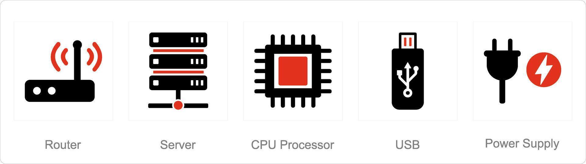 A set of 5 computer parts icons as router, server, cpu processor vector