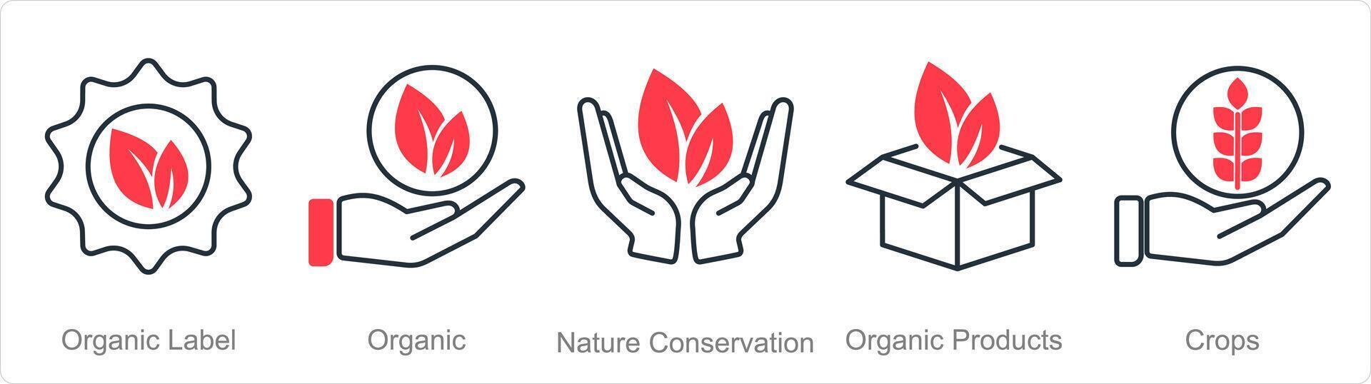 A set of 5 organic farming icons as organic label, organic, nature conservation vector