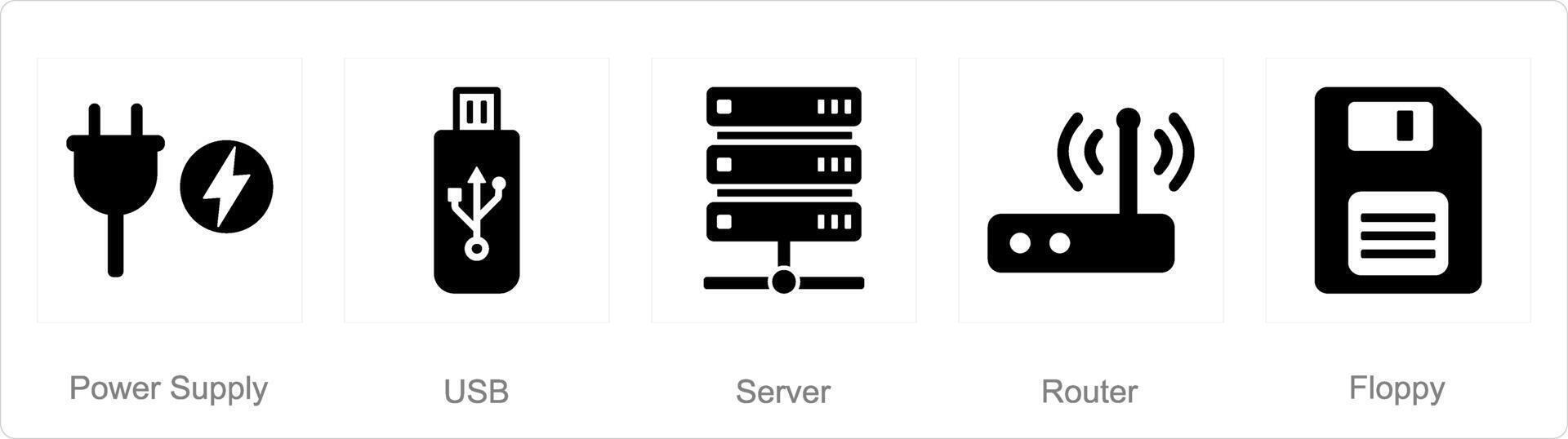 A set of 5 computer parts icons as power supply, usb, server vector