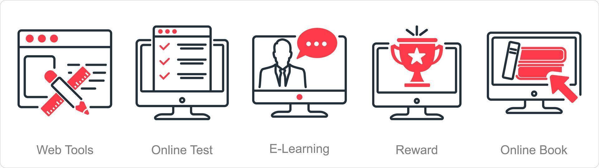 A set of 5 online education icons as web tools, online test, e-learning vector