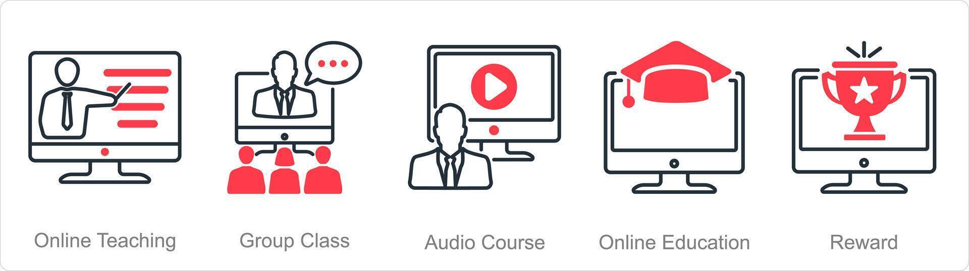 A set of 5 online education icons as online teaching, group class, audio course vector