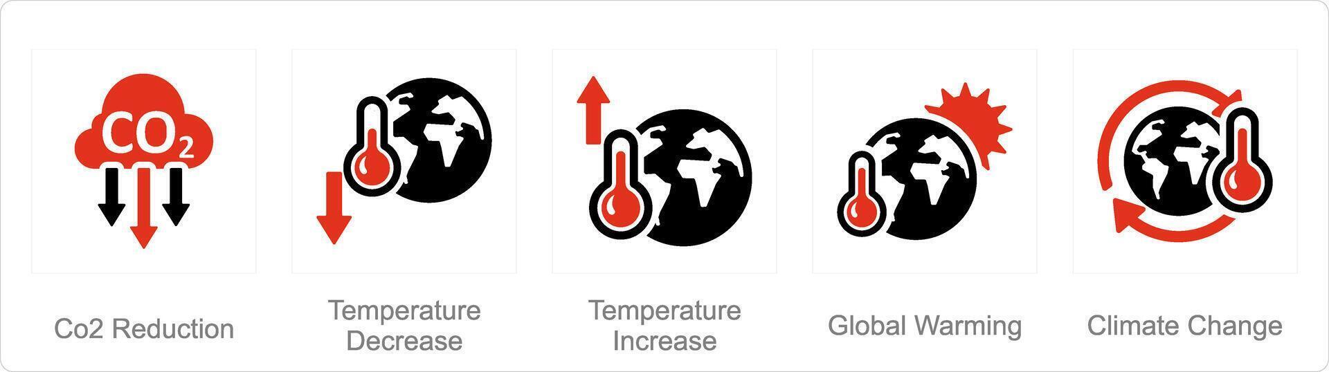 un conjunto de 5 5 clima cambio íconos como co2 reducción, temperatura disminuir, temperatura incrementar vector