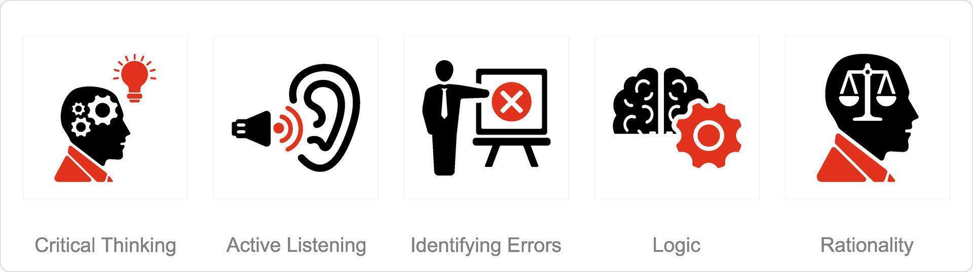 A set of 5 critical thinking icons as critical thinking, active listening, identifying errors vector