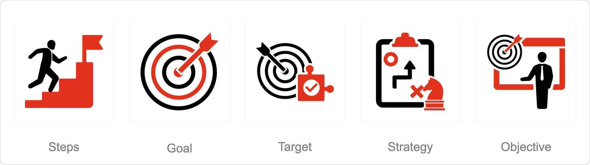 A set of 5 action plan icons as steps, goal, target vector