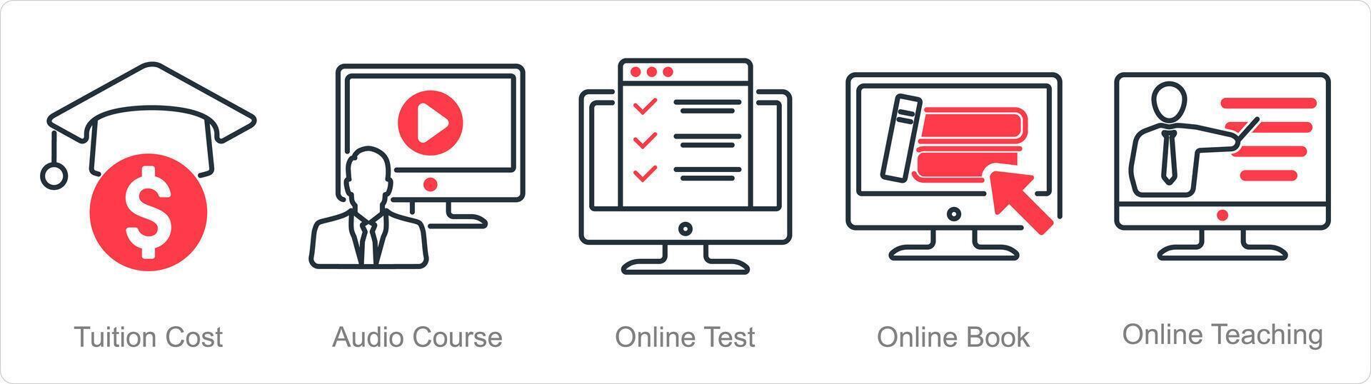 A set of 5 online education icons as tuition cost, audio course, online test vector