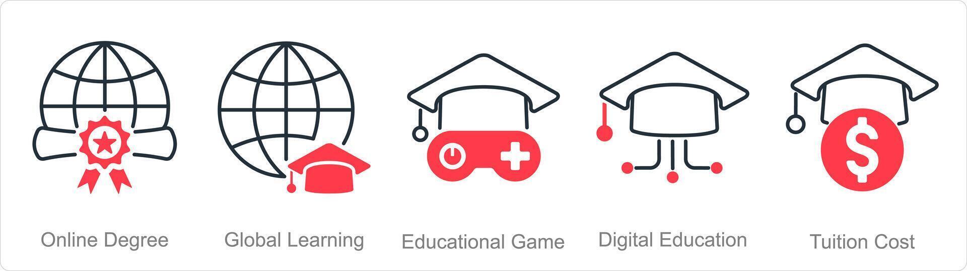 A set of 5 online education icons as online degree, global learning, educational game vector