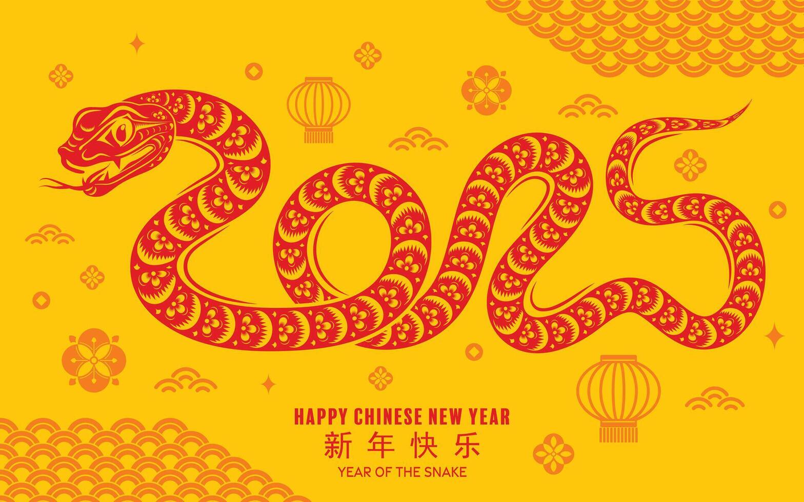 Happy chinese new year 2025 the snake zodiac sign with flower,lantern,asian elements red paper cut style on color background. vector