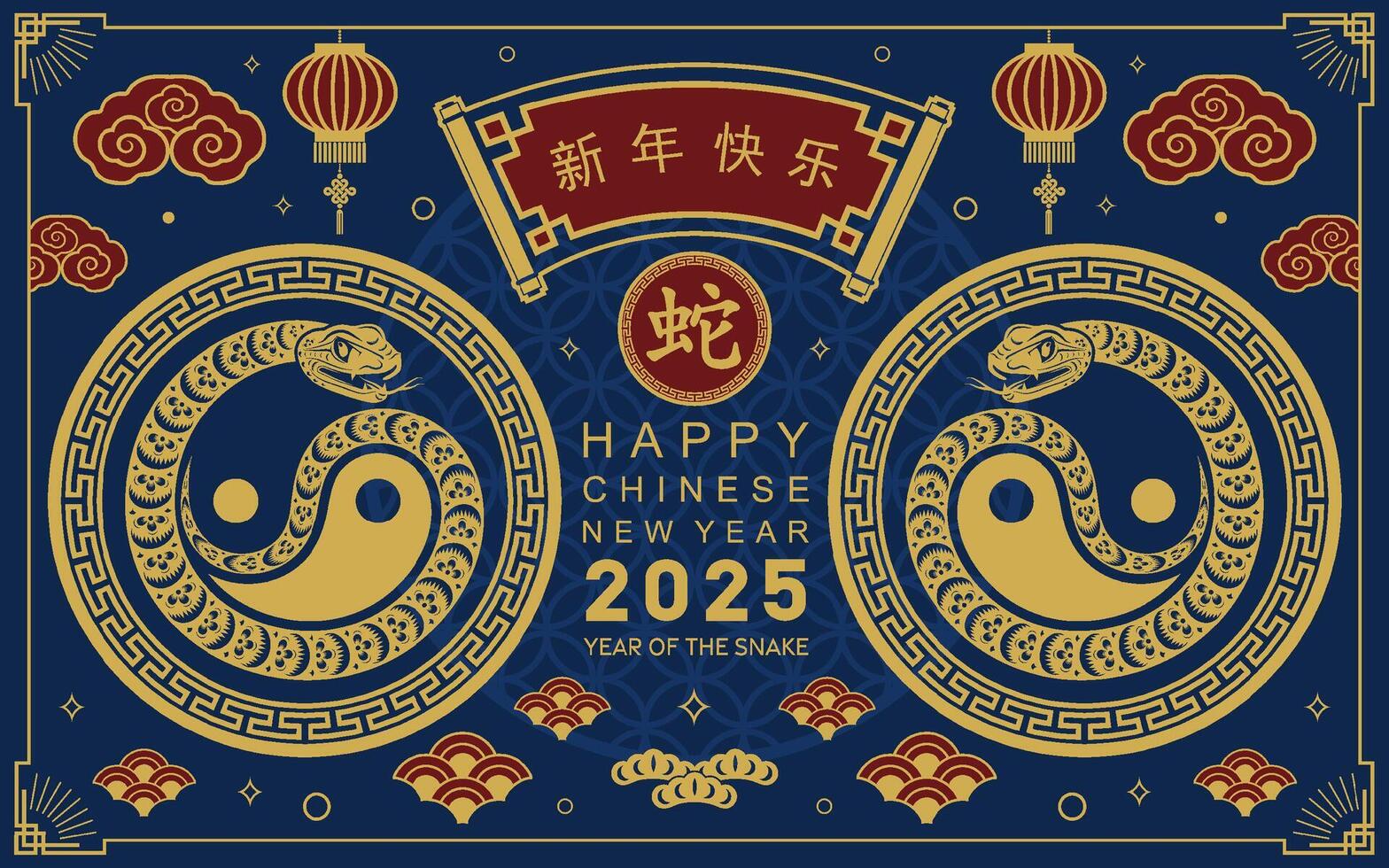 Happy chinese new year 2025 the snake zodiac sign with flower,lantern,asian elements snake logo red and gold paper cut style on color background. Happy new year 2025 year of the snake. vector