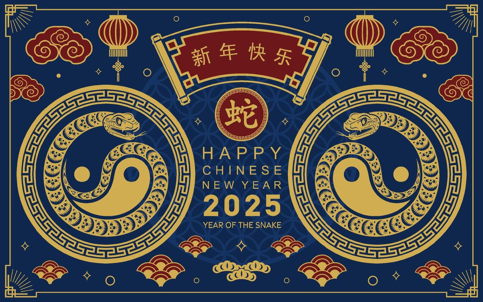 Happy chinese new year 2025 the snake zodiac sign with flower,lantern,asian elements snake logo red and gold paper cut style on color background. Happy new year 2025 year of the snake. vector