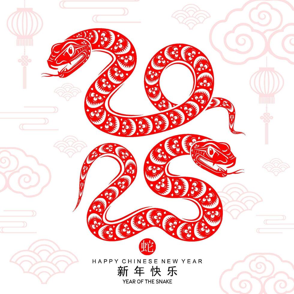 Happy chinese new year 2025 the snake zodiac sign with flower,lantern,asian elements red paper cut style on color background. vector