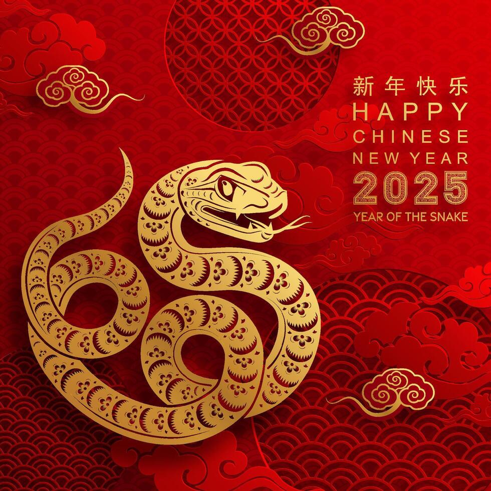 Happy chinese new year 2025 the snake zodiac sign with flower,lantern,asian elements red paper cut style on color background. vector