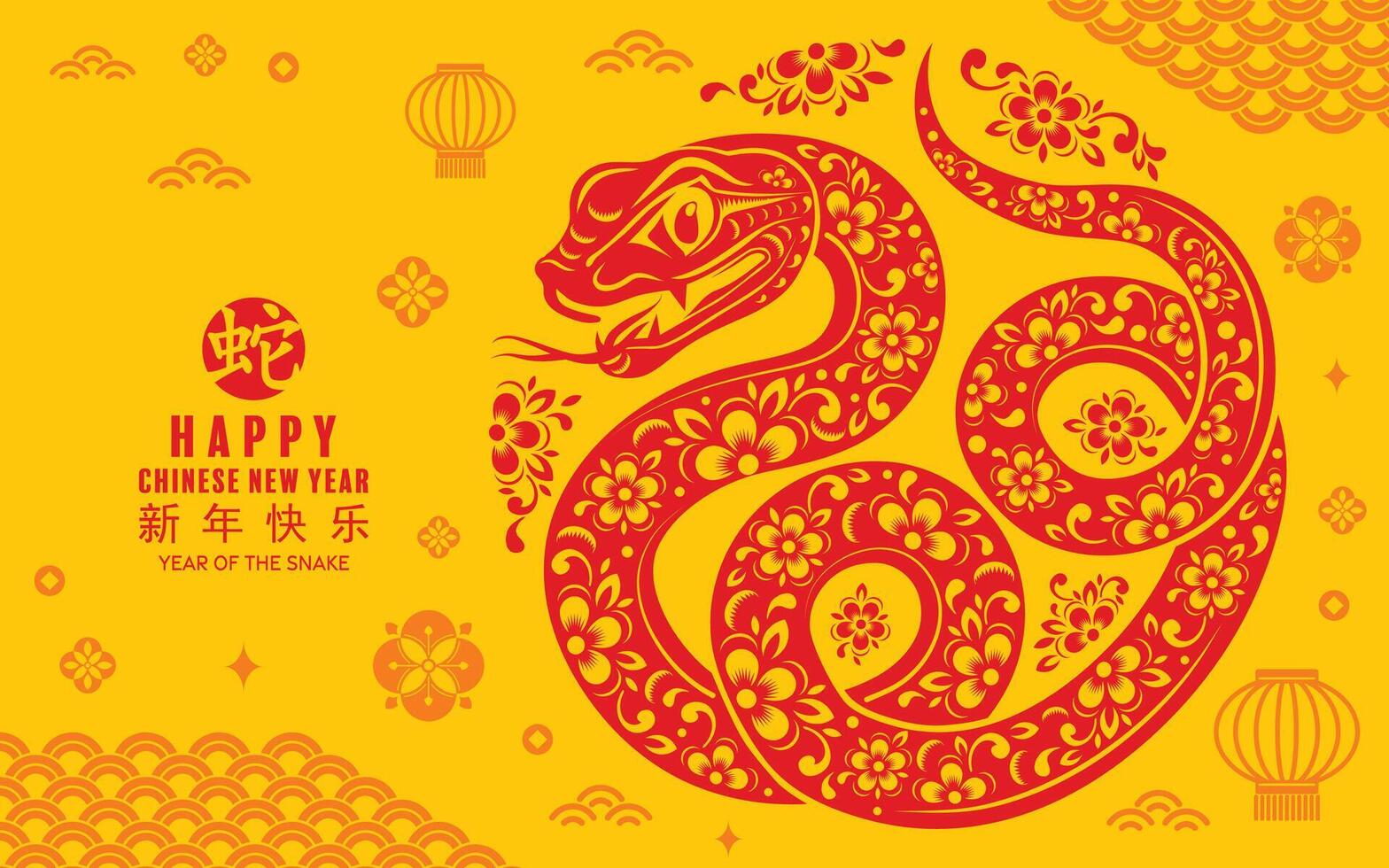 Happy chinese new year 2025 the snake zodiac sign with flower,lantern,asian elements red paper cut style on color background. vector