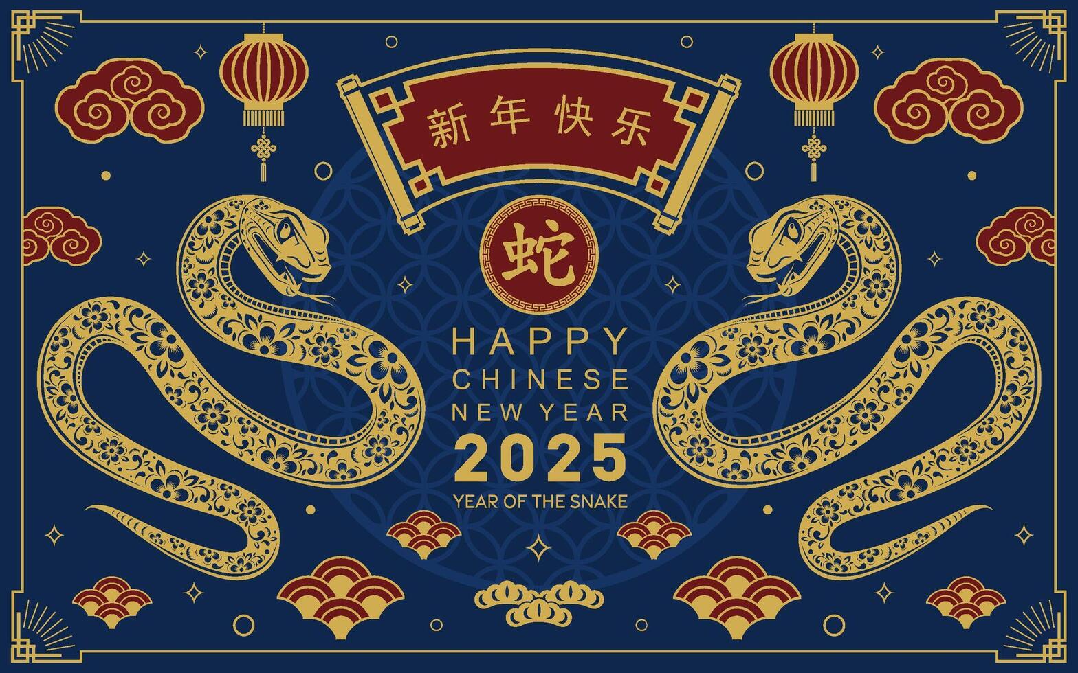 Happy chinese new year 2025 the snake zodiac sign with flower,lantern,asian elements snake logo red and gold paper cut style on color background. Happy new year 2025 year of the snake. vector
