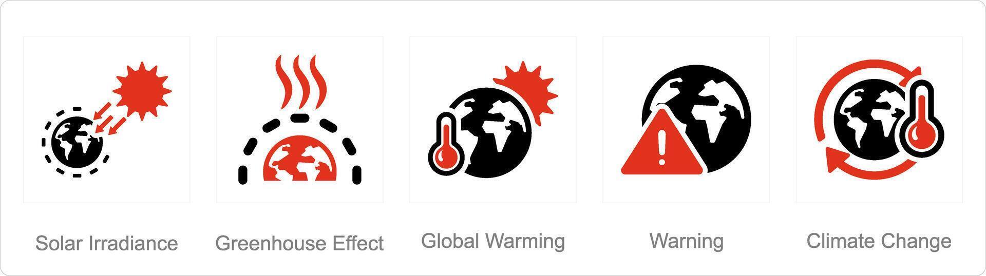 A set of 5 climate change icons as solar irradiance, greenhouse effect, global warming vector