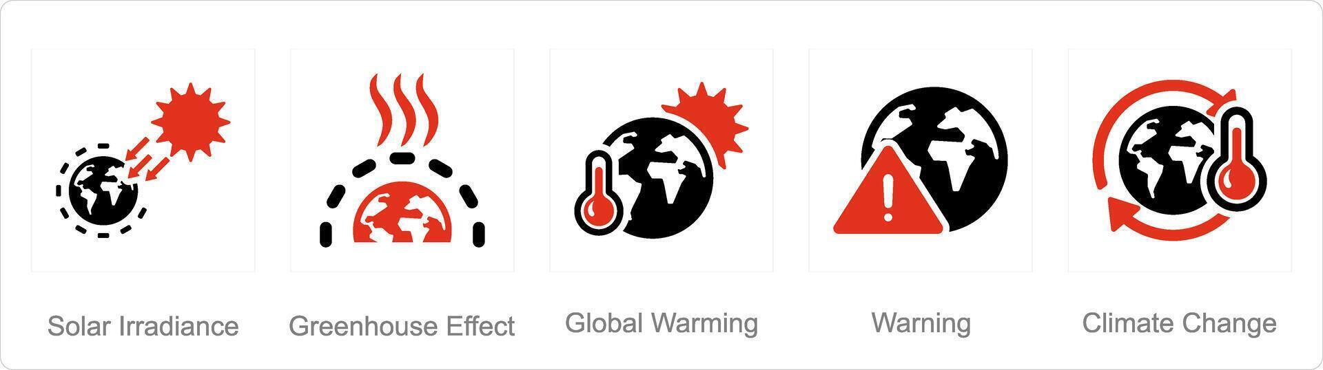 un conjunto de 5 5 clima cambio íconos como solar irradiancia, invernadero efecto, global calentamiento vector