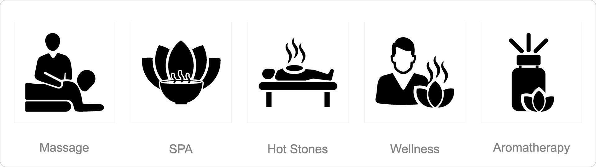 A set of 5 beauty and spa icons as massage, spa, hot stones vector