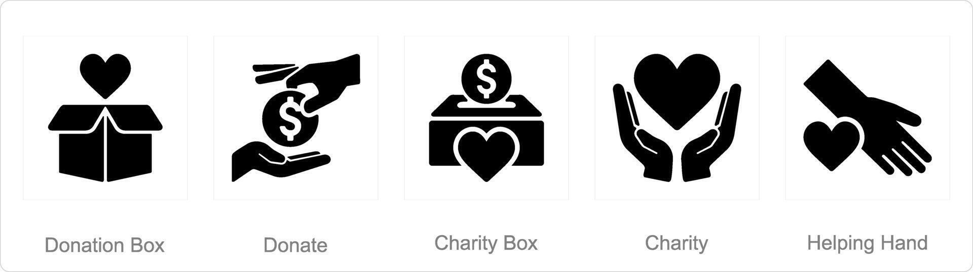 A set of 5 charity and donation icons as donation box, donate, charity box vector