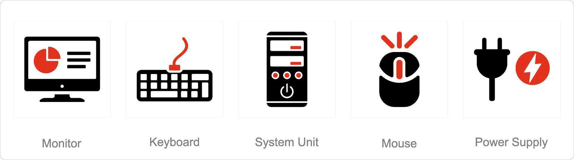 A set of 5 computer parts icons as monitor, keyboard, system unit vector