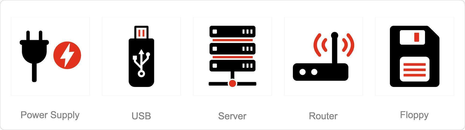 A set of 5 computer parts icons as power supply, usb, server vector