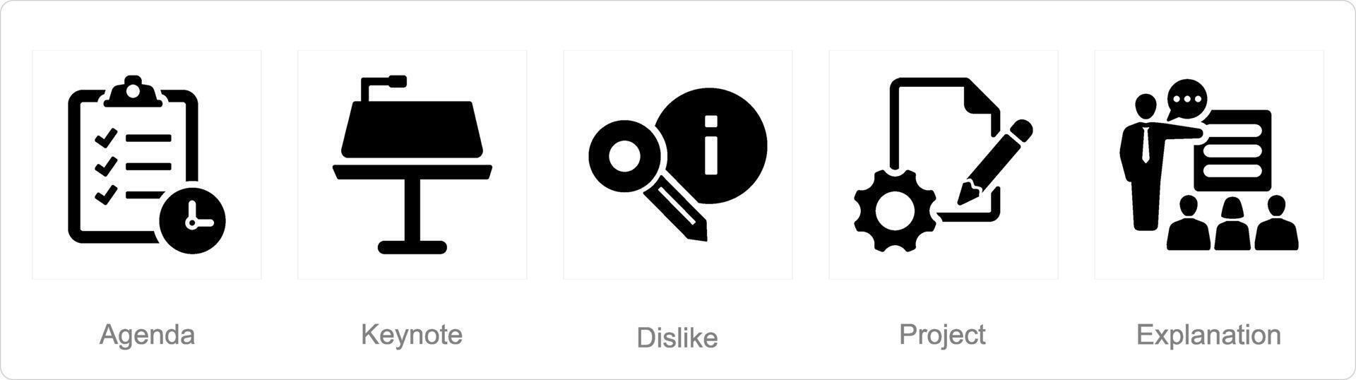A set of 5 business presentation icons as agenda, keynote, dislike vector