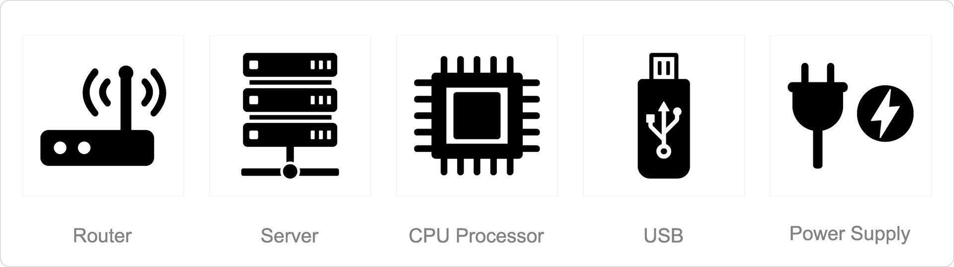 A set of 5 computer parts icons as router, server, cpu processor vector