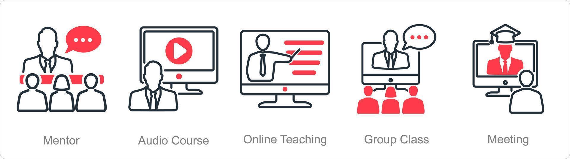 A set of 5 online education icons as mentor, audio course, online teaching vector