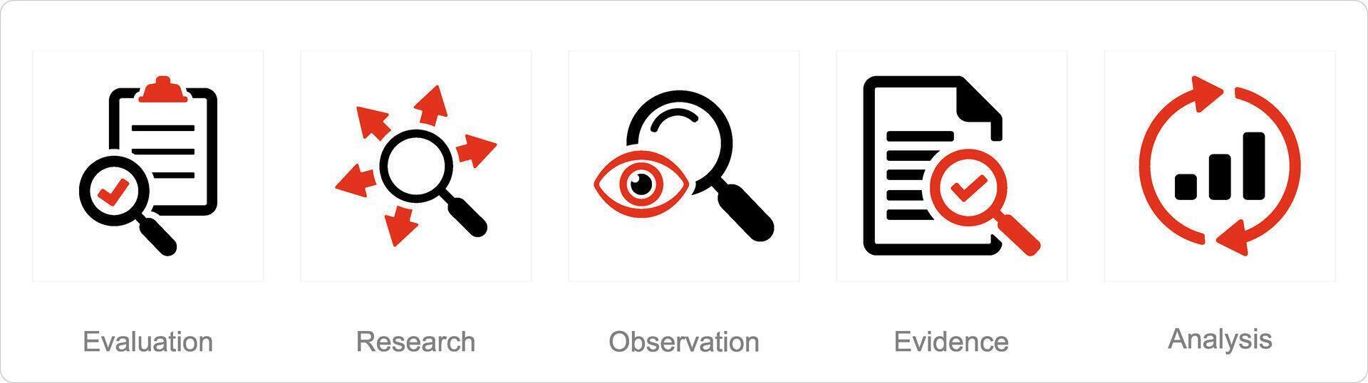 un conjunto de 5 5 crítico pensando íconos como evaluación, investigación, observación vector