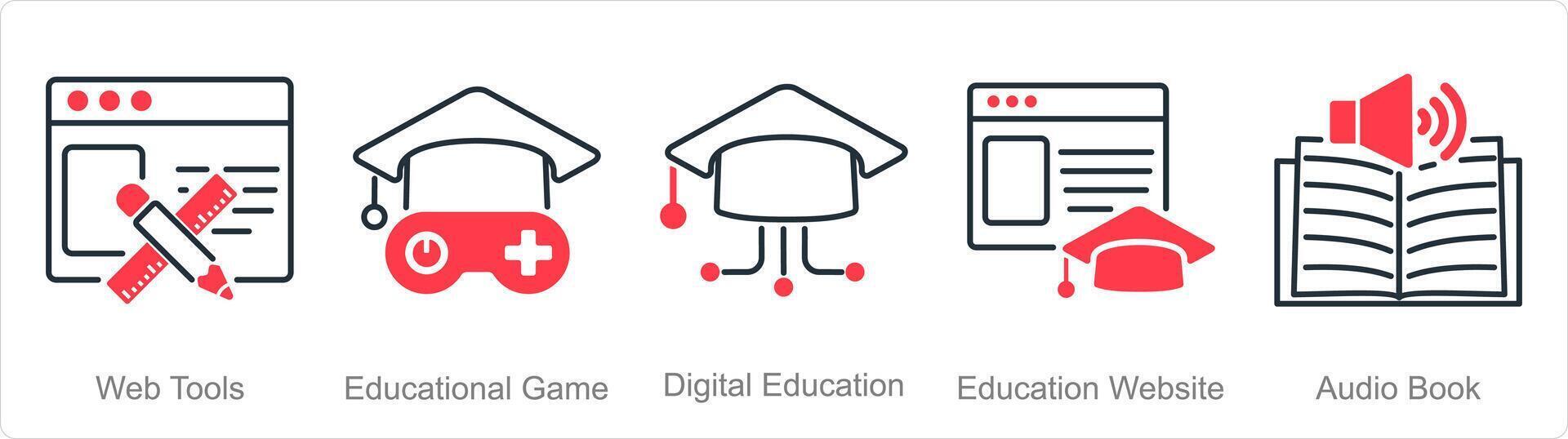 A set of 5 online education icons as web tools, educational game, digital education vector