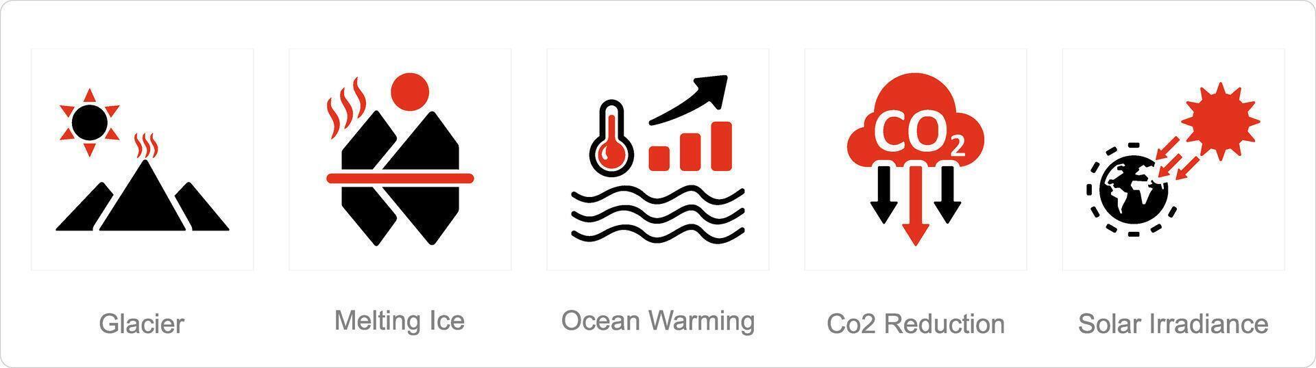 A set of 5 climate change icons as glacier, melting ice, ocean warming vector