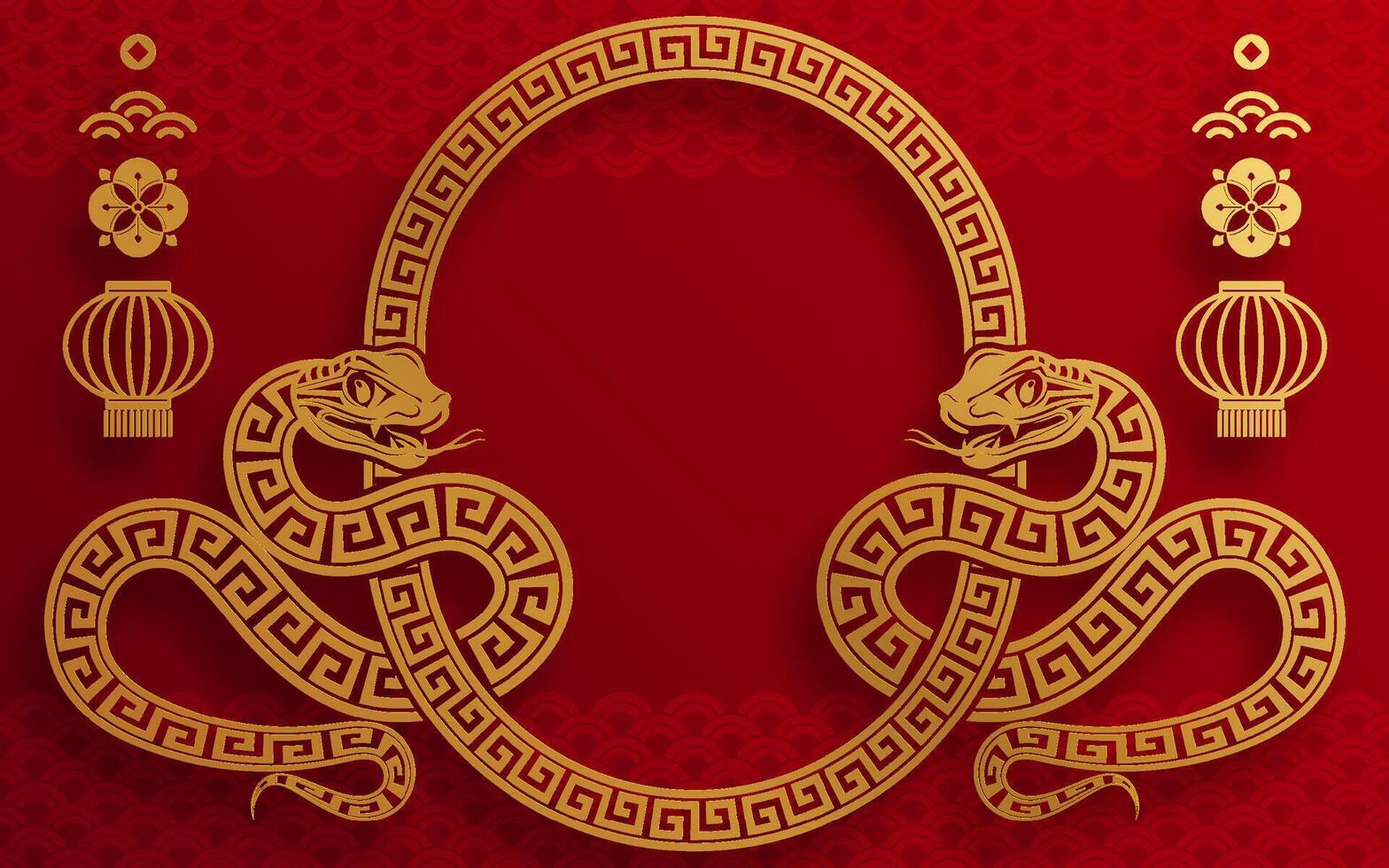 Happy chinese new year 2025 the snake zodiac sign with flower,lantern,asian elements red paper cut style on color background. vector