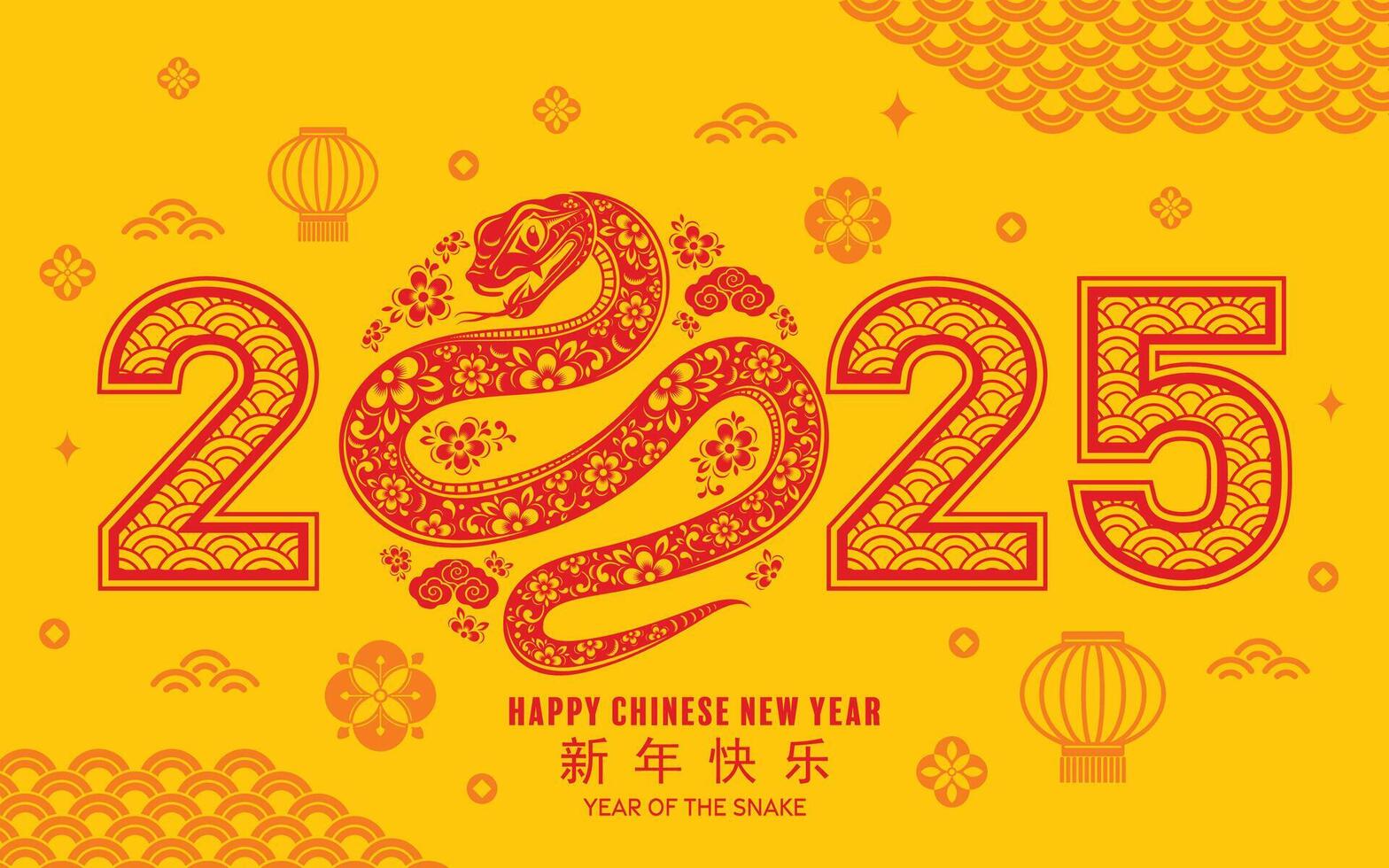 Happy chinese new year 2025 the snake zodiac sign with flower,lantern,asian elements red paper cut style on color background. vector