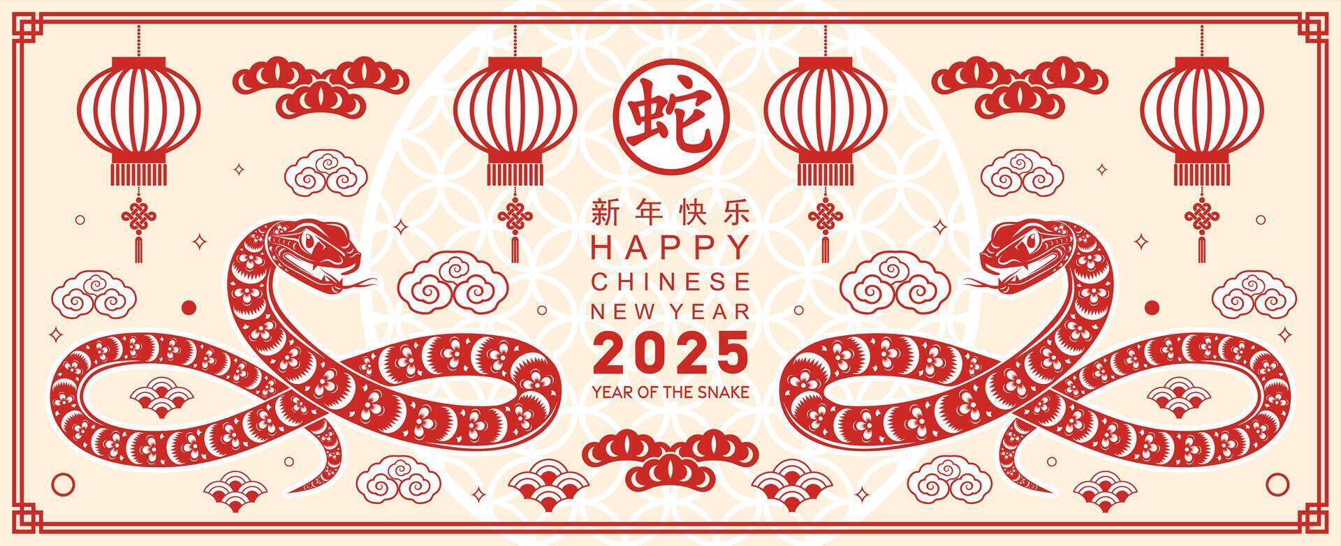 Happy chinese new year 2025 year of the snake with flower lantern asian elements red and gold traditional paper cut style on color background. vector