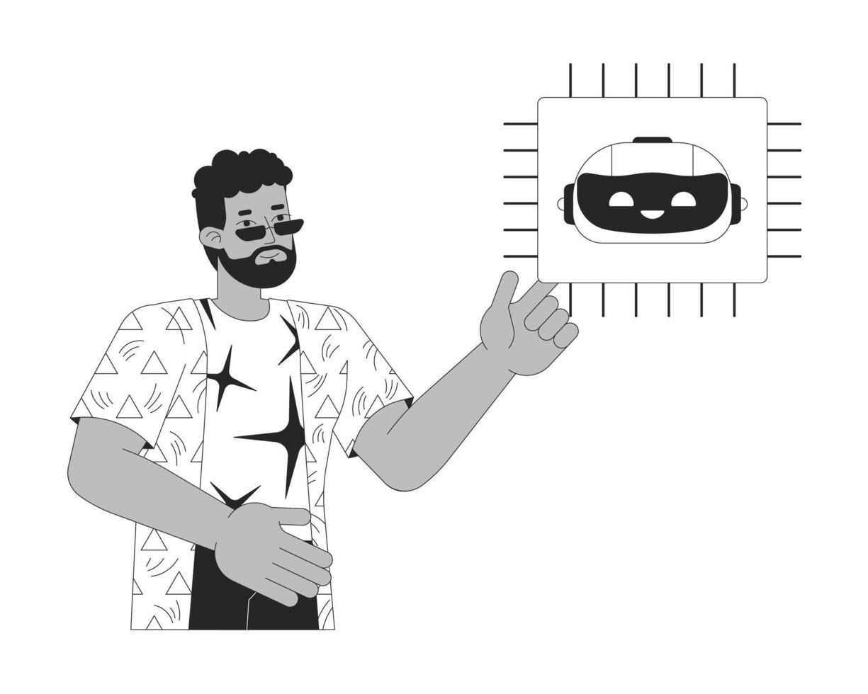 barbado hombre con ai pastilla negro y blanco 2d línea dibujos animados personaje. artificial inteligencia desarrollador africano americano aislado contorno persona. tecnología monocromo plano Mancha ilustración vector