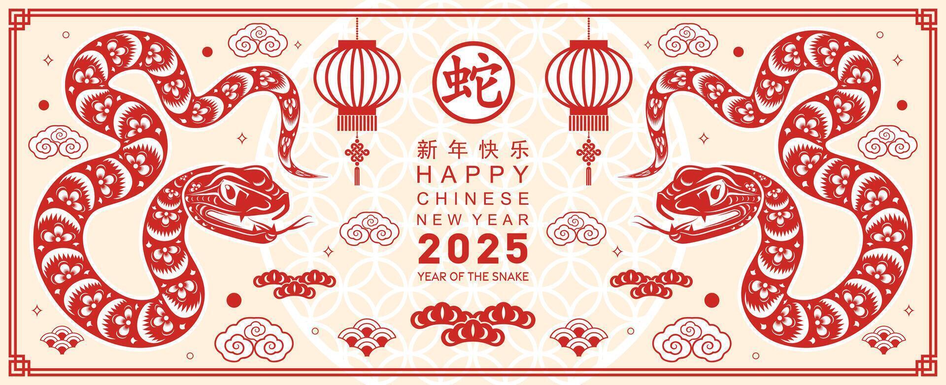Happy chinese new year 2025 year of the snake with flower lantern asian elements red and gold traditional paper cut style on color background. vector
