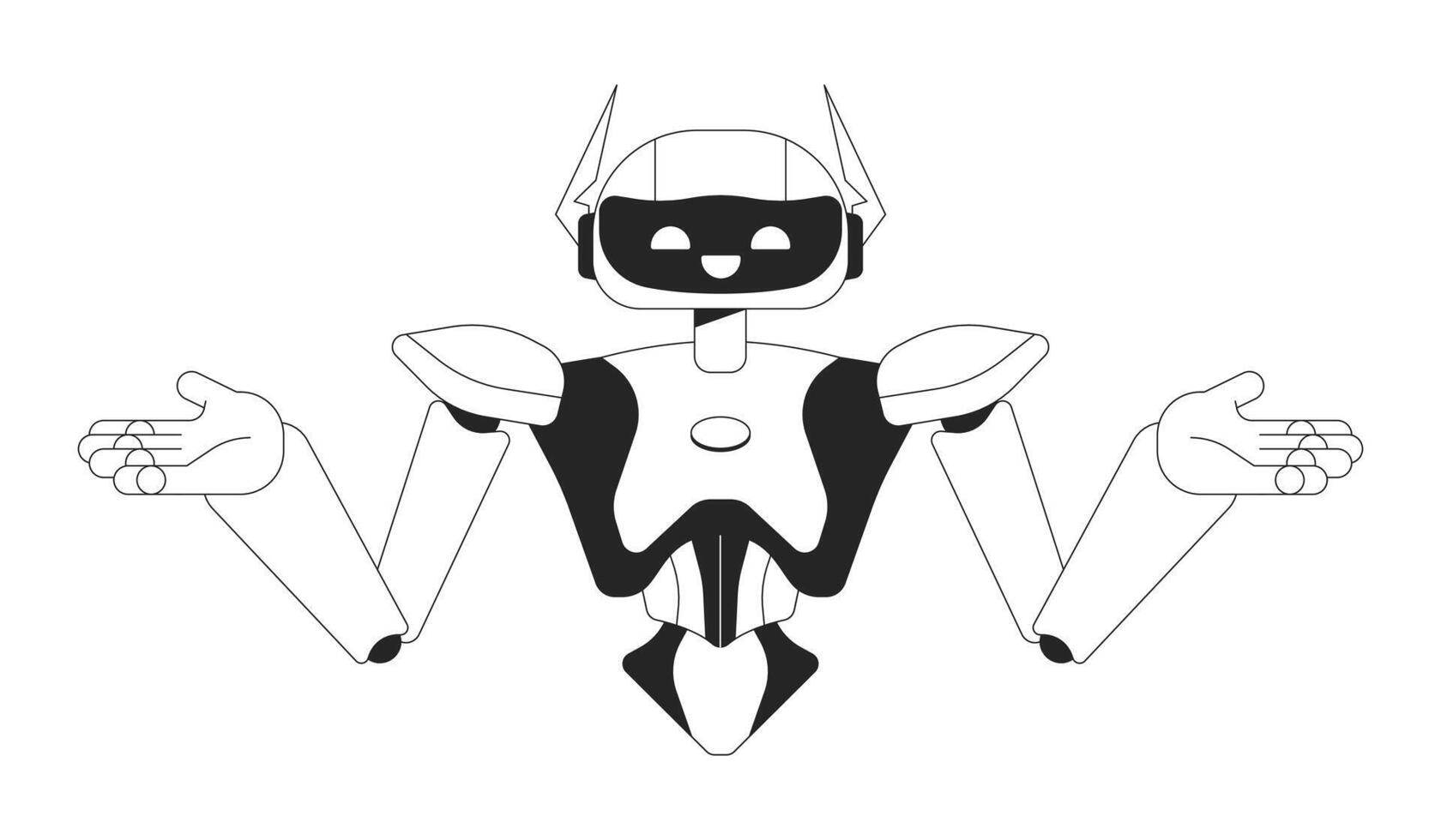 Robot shoulders shrugging black and white 2D line cartoon character. Confused humanoid isolated outline personage. Intelligence artificial arms out monochromatic flat spot illustration vector