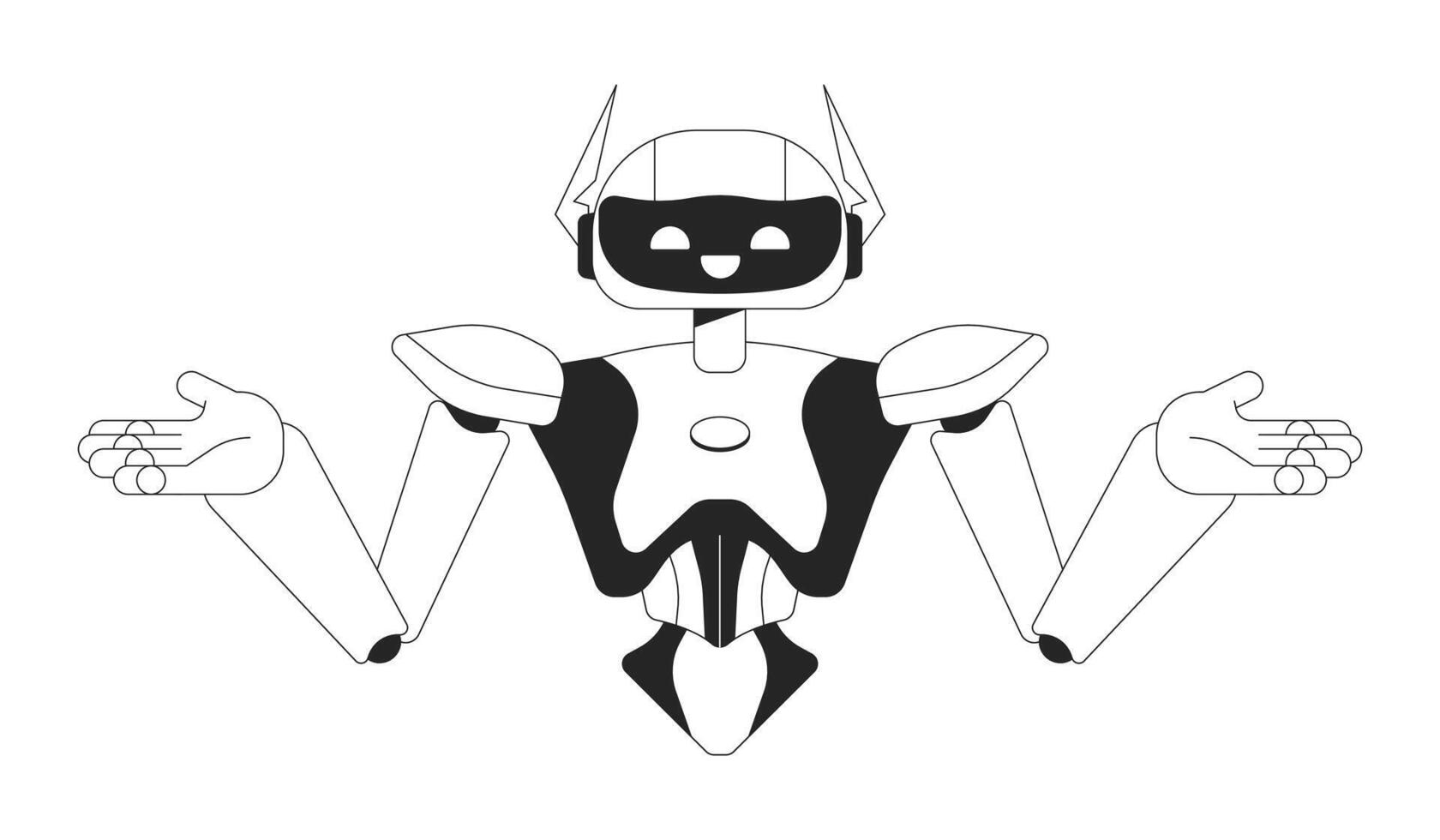 robot espalda encogiéndose de hombros negro y blanco 2d línea dibujos animados personaje. confuso humanoide aislado contorno personaje. inteligencia artificial brazos fuera monocromo plano Mancha ilustración vector