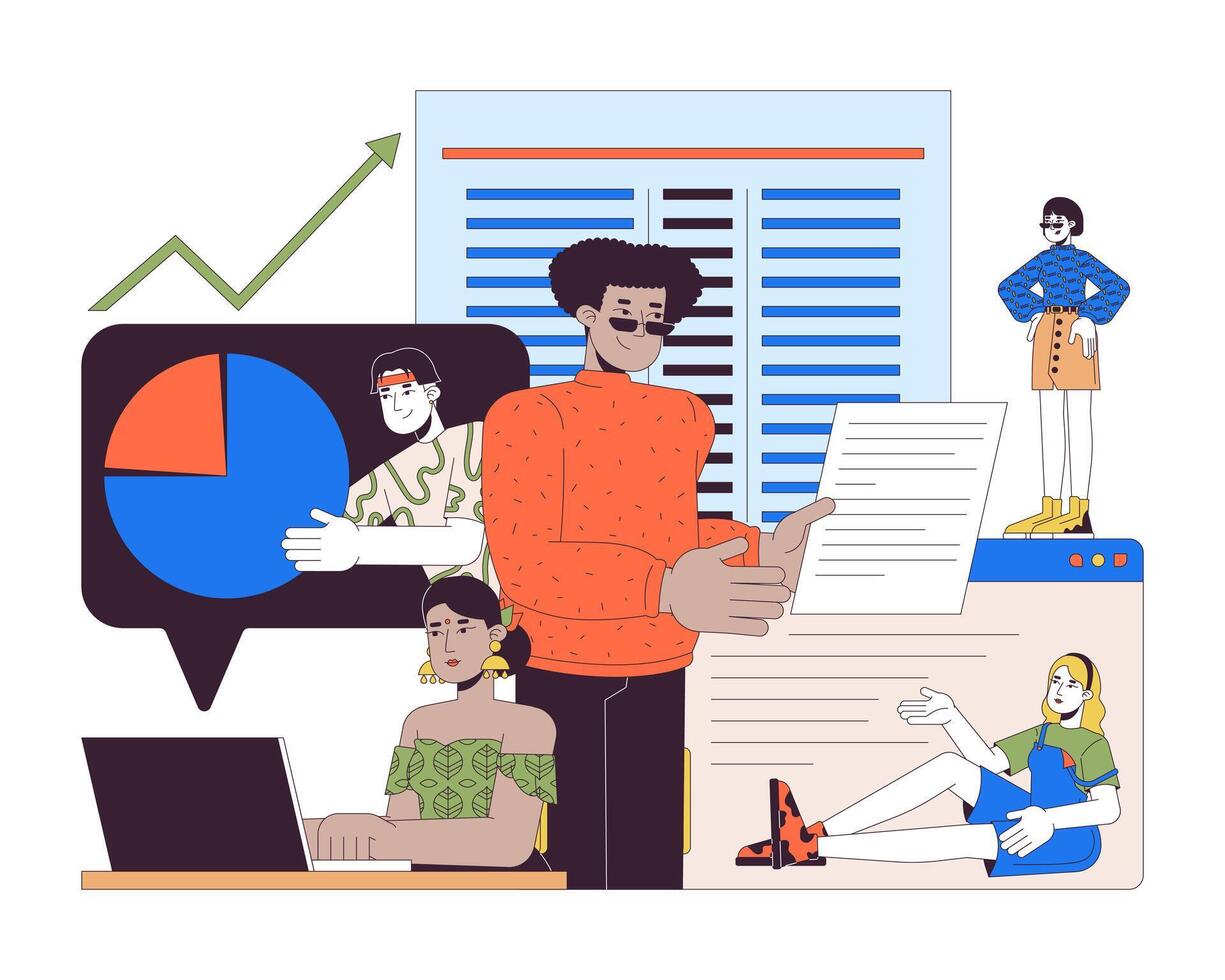 Accounting work 2D linear illustration concept. Business analysts team cartoon characters isolated on white. Budgeting accountants. Financial report metaphor abstract flat outline graphic vector