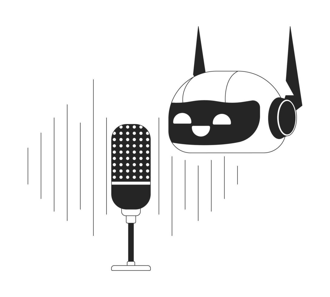 Robot microphone recording black and white 2D line cartoon object. AI audio record mic isolated outline item. Innovative technology artificial intelligence monochromatic flat spot illustration vector