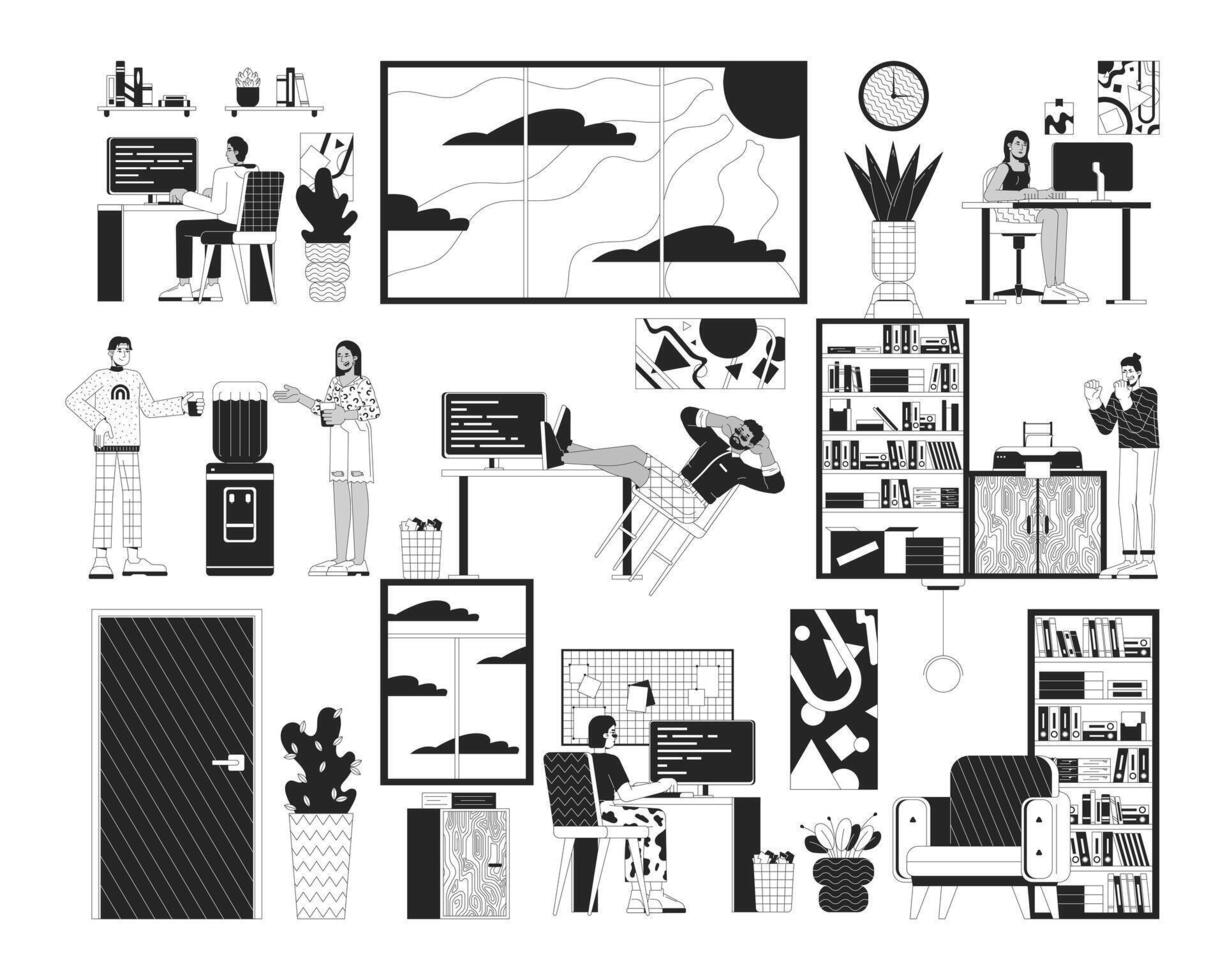 Office life black and white 2D illustration concept. Corporate employees at workplaces cartoon outline characters isolated on white. Workspace interior organization metaphor monochrome art vector