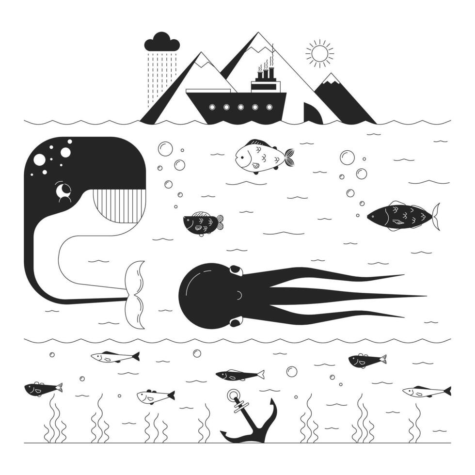 Deep sea life black and white 2D illustration concept. Underwater marine fishes habitats cartoon outline characters isolated on white. Exotic wildlife ecosystem of ocean metaphor monochrome art vector