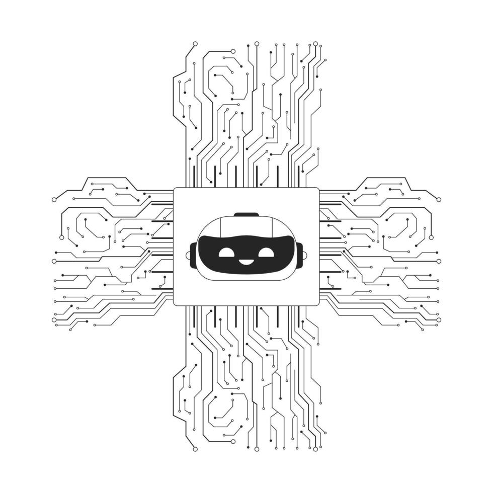 AI microchip cpu black and white 2D line cartoon object. Artificial intelligence chip circuit isolated outline item. Motherboard. Innovative technology monochromatic flat spot illustration vector